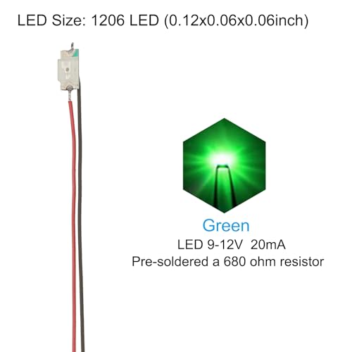 PATIKIL 1206 Pre-Wired Micro LED, 12 Pcs 9-12V Pre-soldered Mini Light Emitting Diodes Surface Mount Device for Model, DIY, 9.8" Length, Green - color: Green, size: 1206