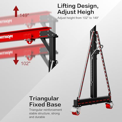 LDHTHOPI 3 Ton Gantry Crane, 6600LBS Adjustable Height 8.53 to 12.47ft with Triangle Base, Portable I-Beam Hoist for Factory, Warehouse, Auto Repair & Construction,Red - color: Red
