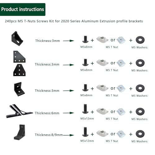 240pcs M5 T-Nuts Screws Kit for 2020 2040 8020 Series Aluminum Extrusion,40Pcs M5x8,40Pcs M5x12 Hexagon Socket Screws,40Pcs M5 T Sliding Nut,40Pcs M5 T Nut,80Pcs Washers - style: 240pcs 20 Series Screws Kit Black