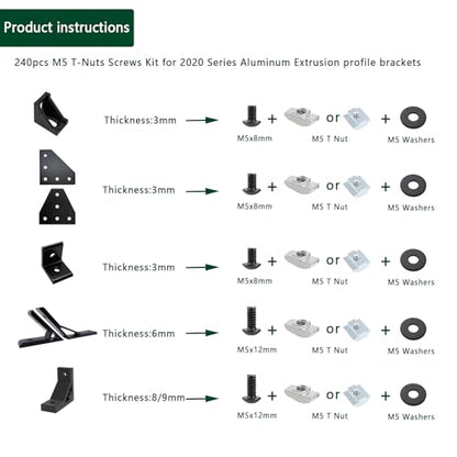 240pcs M5 T-Nuts Screws Kit for 2020 2040 8020 Series Aluminum Extrusion,40Pcs M5x8,40Pcs M5x12 Hexagon Socket Screws,40Pcs M5 T Sliding Nut,40Pcs M5 T Nut,80Pcs Washers - style: 240pcs 20 Series Screws Kit Black