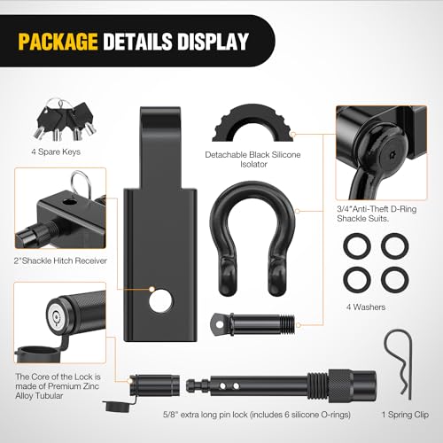 Nilight 3/4" Anti-Theft D Ring Shackle Hitch Receiver 2" Solid Towing Kit | 45000 LBs Breaking Strength 5/8" Trailer Hitch Lock Pin Heavy Duty Solid Towing Kit for Trucks Off Road Black - color: Hitch w/ Lock Pin Black