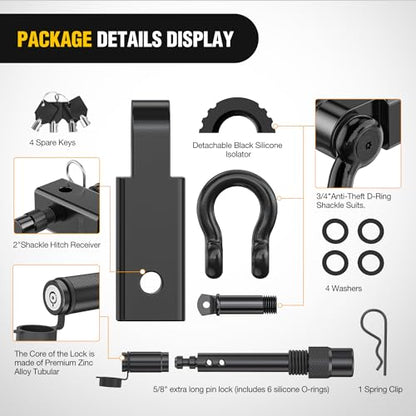 Nilight 3/4" Anti-Theft D Ring Shackle Hitch Receiver 2" Solid Towing Kit | 45000 LBs Breaking Strength 5/8" Trailer Hitch Lock Pin Heavy Duty Solid Towing Kit for Trucks Off Road Black - color: Hitch w/ Lock Pin Black