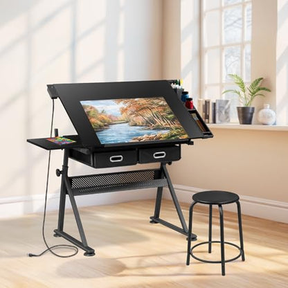 ZENY Adjustable Drafting Table with Stool Tilting Drawing Desk Artist Table - color: Black-with Outlet