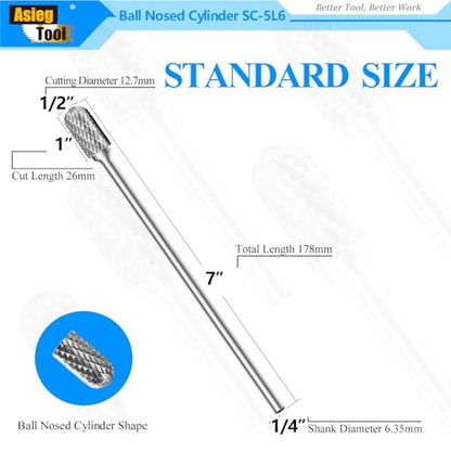 SC-5L6 Tungsten Carbide Burr Lengthened Rotary File Cylindrical Shape with Radius End Double Cut with 1/4" Shank for Die Grinder Drill Bit and 1/2" Inch Diameter of Cutter 1" Inch Cutter Length - style: SC-5L6