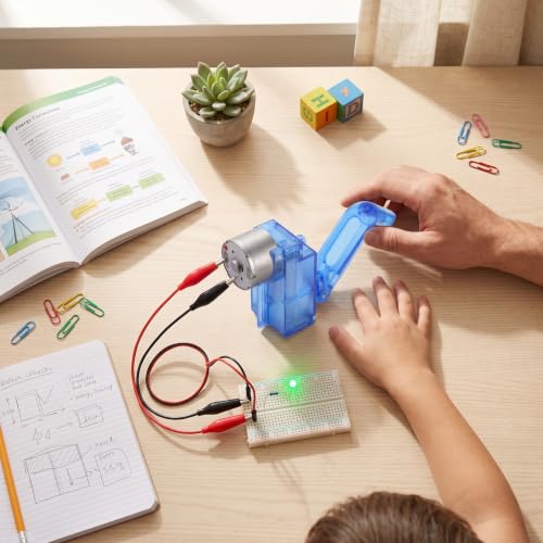 Hand Crank Generator 6V Dynamo, Emergency Power Supply with LED Light, Educational Science Kit for Kids Electricity Experiments, Blue Plastic Housing with Alligator Clips, 2.36x1.81x0.98in