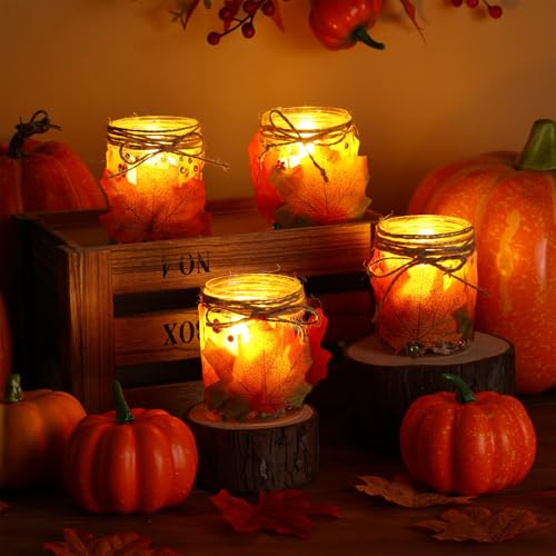 113 Pcs 24 Sets Thanksgiving Craft Kits DIY Plastic Mason Jar Maple Leaf Table Centerpieces Thanksgiving Fall Table Decor Autumn Classroom Activities with Stickers Rope Glue Raffia Grass - style: Maple Leaf