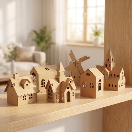 NUOBESTY 6 Pcs Cardboard Houses for Kids Crafts, Blank 3D Puzzle Village Kit to Paint and Color, DIY Paper Building Project for Indoor Art Activity
