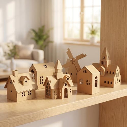 NUOBESTY 6 Pcs Cardboard Houses for Kids Crafts, Blank 3D Puzzle Village Kit to Paint and Color, DIY Paper Building Project for Indoor Art Activity