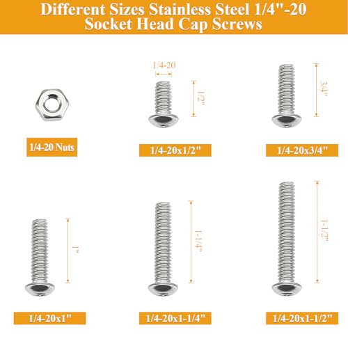 57 Pieces 1/4-20 x 1/2", 3/4", 1", 1-1/4", 1-1/2", Button Head Socket Cap Screws Nuts Assortment Kit - size: 1/4"-20, style: Button Head Socket Cap