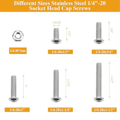 57 Pieces 1/4-20 x 1/2", 3/4", 1", 1-1/4", 1-1/2", Button Head Socket Cap Screws Nuts Assortment Kit - size: 1/4"-20, style: Button Head Socket Cap