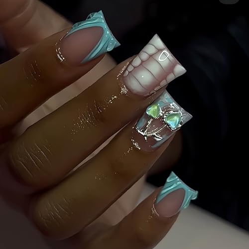 French Tip Press on Nails Duck Nails Press on Medium Fake Nails with 3D Water Ripple Designs Glue on Nail Charms Full Cover Glossy False Nails for Women Acrylic Nail 24Pcs - color: Style-A4