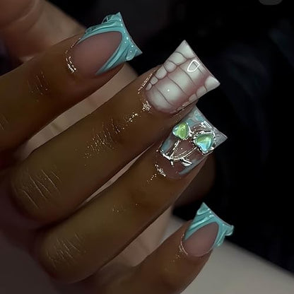 French Tip Press on Nails Duck Nails Press on Medium Fake Nails with 3D Water Ripple Designs Glue on Nail Charms Full Cover Glossy False Nails for Women Acrylic Nail 24Pcs - color: Style-A4