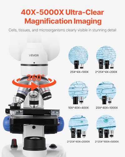 VEVOR Trinocular Microscope, 40-5000X Magnification, Professional Compound Microscope for Adult with Phone Adapter, LED Light, Aluminum Alloy Body, for Lab, School, Home, Education - style: B