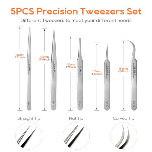 Precision Tweezers, Stainless Steel Pointed Tweezers for Craft, Electronics, Soldering, Experimental Work, Jewelry-Making, Industrial Tweezers, by TOWOT - size: 135mm