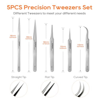 Precision Tweezers, Stainless Steel Pointed Tweezers for Craft, Electronics, Soldering, Experimental Work, Jewelry-Making, Industrial Tweezers, by TOWOT - size: 135mm