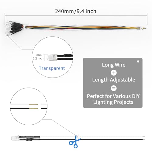 DiCUNO 200Pcs (10 Colors × 20Pcs) 5MM Pre Wired 12V LED Diodes, 9.4" Lead - color: 10 Colors * 20 Pcs