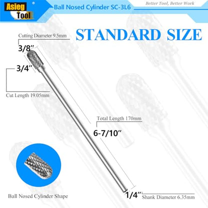 SC-3L6 Tungsten Carbide Burr Rotary File Cylindrical Ball Nose End Shape Double Cut for Die Grinder Drill Bits 1/4'' Inch Diameter of Shank and 3/8'' Inch Diameter of Cutter 3/4'' Inch Cutter Length - style: SC-3L6