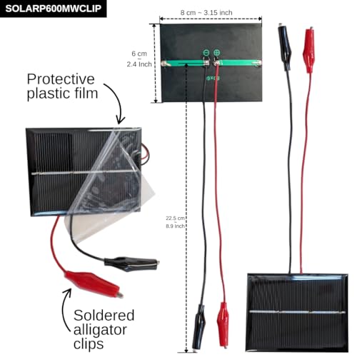 Mini Solar Panel 0.6W (600mW), 60×80 mm with Alligator Clips – Educational Renewable Energy Experiments (Pack, 1, Unit)