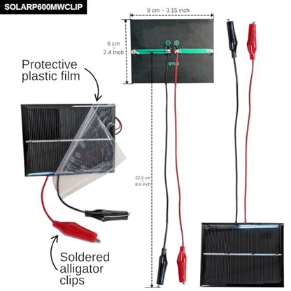 Mini Solar Panel 0.6W (600mW), 60×80 mm with Alligator Clips – Educational Renewable Energy Experiments (Pack, 1, Unit)