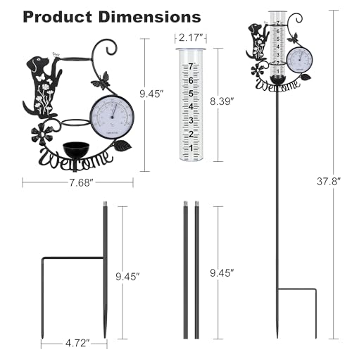 37.8" Rain Gauge Outdoor with Thermometer, Cute Dog Garden Rain Gauges - color: Black - Dog