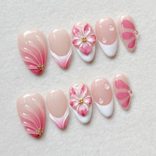 Pink Press on Nails Almond Short 3D Flowers Press on False Nails with Gold Charms Water Drop Stick on Nail for Women 30pcs - color: Color44