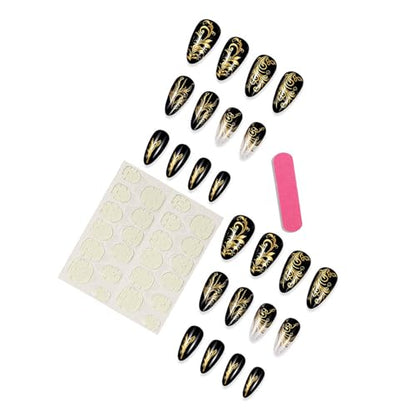 24Pcs Press on Nails Almond Medium Fake Nails with Gold Designs False Nails Whhite Glitter Stick on Nail Black Sparkly Glue on Nails Cute Full Cover Artificial Nail for Women - color: Style03