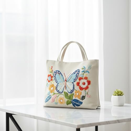 ARTopet 2Pcs Embroidery Tote Bag Kit for Beginners Butterfly Canvas Cross Stitch Handbag with Hoops Needles Threads Reusable Grocery Bag for Women-02 - color: 2Pcs-02