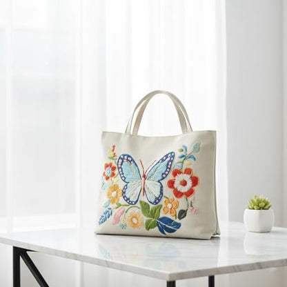 ARTopet 2Pcs Embroidery Tote Bag Kit for Beginners Butterfly Canvas Cross Stitch Handbag with Hoops Needles Threads Reusable Grocery Bag for Women-02 - color: 2Pcs-02