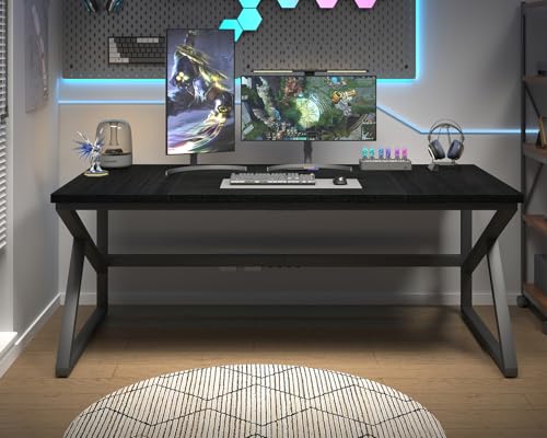 HSH 70 Inch Long Black Desk, Large Metal Wood Computer Desk for Home Office - color: Black Oak, size: 70 Inch