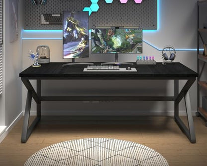 HSH 70 Inch Long Black Desk, Large Metal Wood Computer Desk for Home Office - color: Black Oak, size: 70 Inch