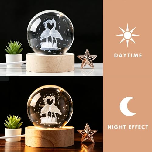 3D Engraved Heart Flamingo Crystal Ball, 2.4in 60mm Color‑Changing LED Night Light with Wooden Base, K9 Crystal Sphere, Romantic Love Gift for Her Him - color: Clear-flamingo