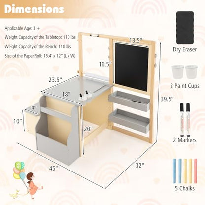 HONEY JOY Kids Art Easel, 6-in-1 Wooden Double-Sided Toddler Table & Chair Set w/Adjustable Magnetic White Board & Chalkboard, Paper Roll, Bookshelf, Storage, Kids Art Table and Chair (Gray) - style: Gray