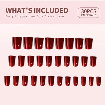 Red Press on Nails Medium Square Duck Mouth Fake Nails Cat's Eye False Nails Press Ons with Designs Glue on Nail Full Cover Reusable Acrylic Nail for Women 30Pcs - color: Style-A21