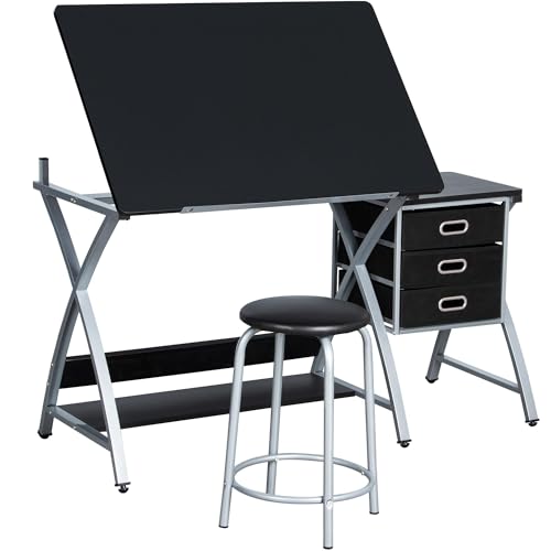 Yaheetech Drafting Table with Storage & Stool, Adjustable Art Drawing Desk