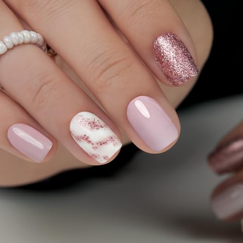 CurvLife Short Square Glitter Press On Nails, Apricot Glow Nude, Soft Gel - color: Nude Apricot