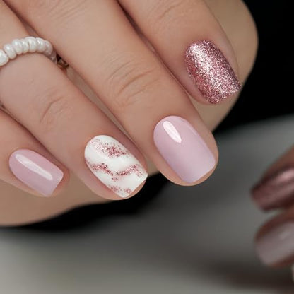 CurvLife Short Square Glitter Press On Nails, Apricot Glow Nude, Soft Gel - color: Nude Apricot