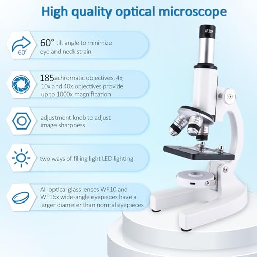 Microscope for Kids & Adults,40X-2000X Microscope with Phone Adapter & Slides Set,Suitable for Students School Lab and Home Education - color: White
