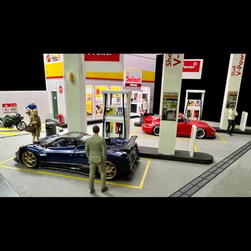 1/64 Scale Shell Gas Station Diorama Kit, Miniature Building Scene Model Set, Collectible Desk Decor for Home & Office (No Vehicles or Figures)