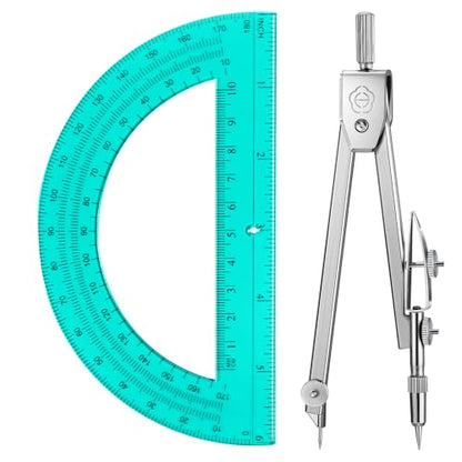EBOOT Drawing Compass and 6 in Protractor Geometry Set, Turquoise - color: Turquoise