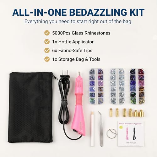 Worthofbest Hotfix Rhinestone Setter, Hot Fix Applicator Tool Bedazzler Kit with rhinestones, Kit, Hot Fixed Wand for Clothes Clothing Fabric Crafts, 5000 Pcs, AB Crystal, Clear, 3 Gems Sizes, Tips