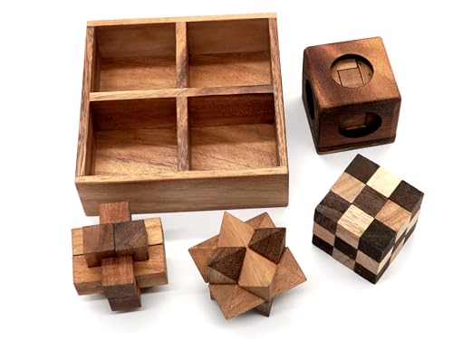BSIRI 4 in 1 Wooden Brain Teaser Puzzles for Adults - Challenging 3D Desk Wood Puzzles Set Interlocking Hand Games for Mind Toys Suits for Rustic Patio Decor Unique Gift Office Decoration - style: 4 Puzzle Set