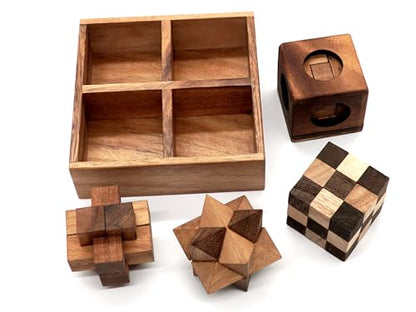 BSIRI 4 in 1 Wooden Brain Teaser Puzzles for Adults - Challenging 3D Desk Wood Puzzles Set Interlocking Hand Games for Mind Toys Suits for Rustic Patio Decor Unique Gift Office Decoration - style: 4 Puzzle Set