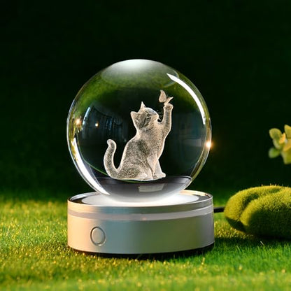 3D Cat Crystal Ball Gifts for Women 80mm Cat Themed Gifts for Girls - color: 3D Cat with Butterfly