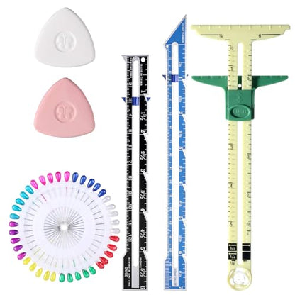 Sewing Gauge Measuring Tool Set 5-in-1T-Shaped Sliding Gauge Ruler Fabric Quilting Ruler Sliding Marker Measuring Seam Tool for Sewing Quilting Knitting Crafting Button Hole Marking Hem Guide
