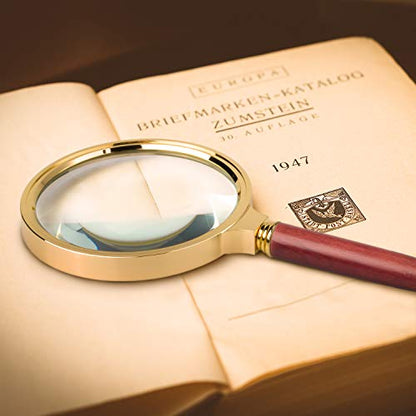 BASUNE 10X Handheld Magnifier, Reading Magnifier Loupe Glasses 10X with Rosewood Handle for Book and Newspaper Reading, Insect and Hobby Observation, Classroom Science (Metal Frame)