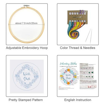 Louise Maelys Embroidery Kit for Beginners Floral Quote Wreath Craft - color: Pattern 19