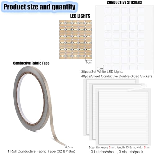 White LED Circuit Stickers and Conductive Fabric Tape,Light Craft Kit Mini Starter Kit for Crafts,30PCS/Set White LED Lights,10M Conductive Fabric Tape and 93 Strips Adhesive Tapes for Crafts Projects - color: 30 LED Lights