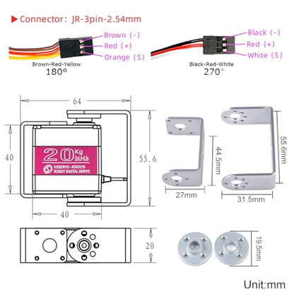 20KG RC Servo RDS3218 Digtal Servo 270°Waterproof Robot Arm Servo High Torque Dual Ball Bearing Full Metal Gear Servo with U Mounting Bracket for RC Car Robot DIY 1/8 1/10 - size: 20KG 270°
