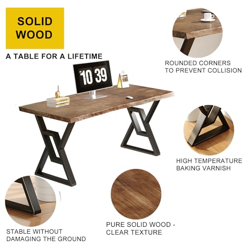 55 Inch Real Wood Desk for Home Office, Solid Pine Writing Desk with Natural Live Edge, Rustic Computer Desk with Industrial Metal Legs, Large Workstation Table for Study, Gaming and Dining - size: YC-2