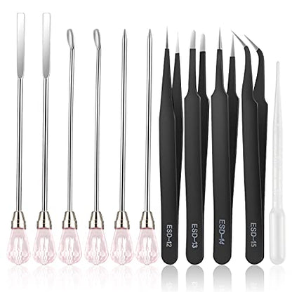 11 Pcs Resin Spoon Tools Kit-Metal Stir Sticks Resin Spoons Poke Needle with Anti-Static Stainless Steel Precision Tweezers Set for Resin Crafts,Jewelry Making,DIY Epoxy Silicone Resin Molds(Pink) - color: Pink & Black